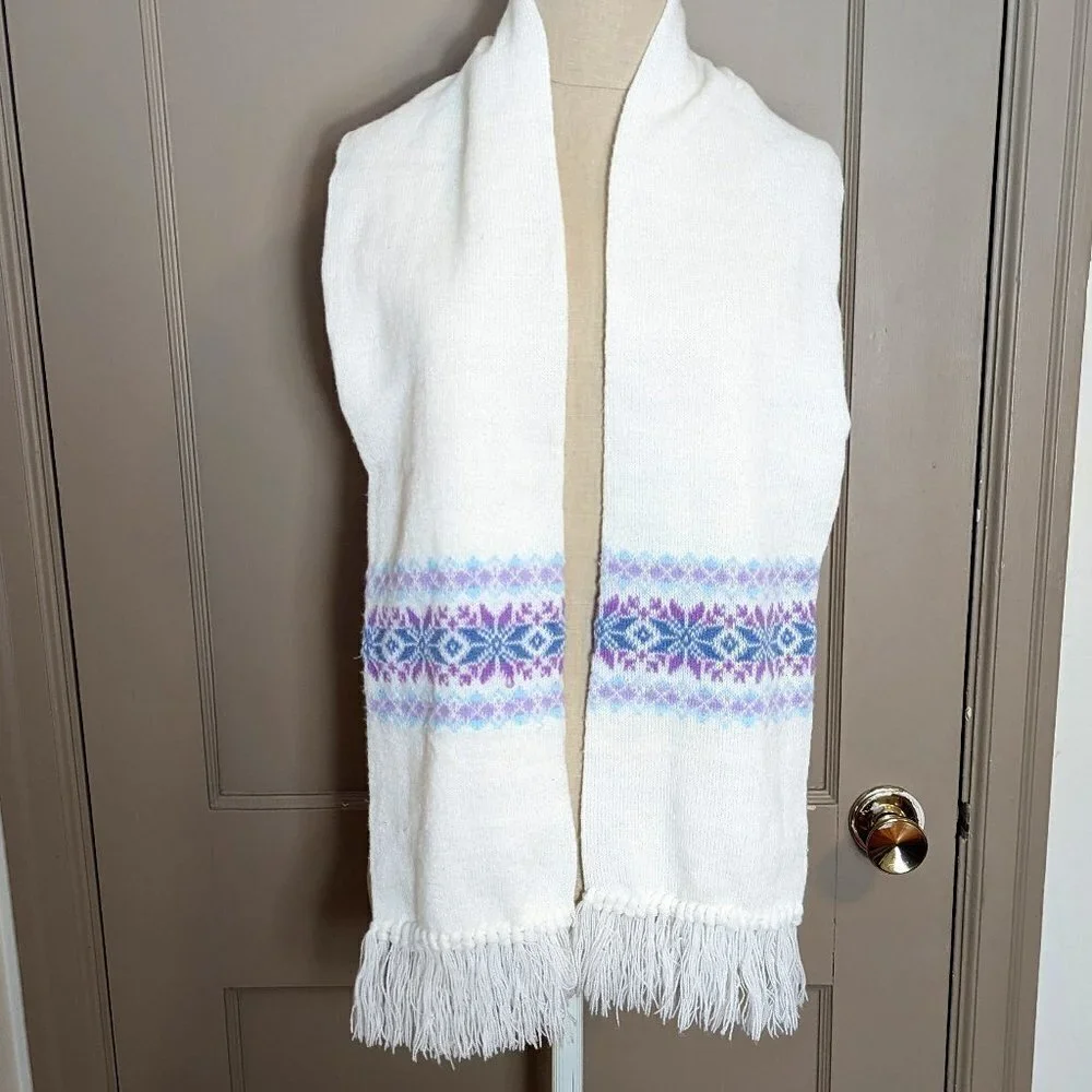 Fair Isle Scarf Vintage Knit Fringe Snowflake Print Boho Acrylic by‎ Leggs